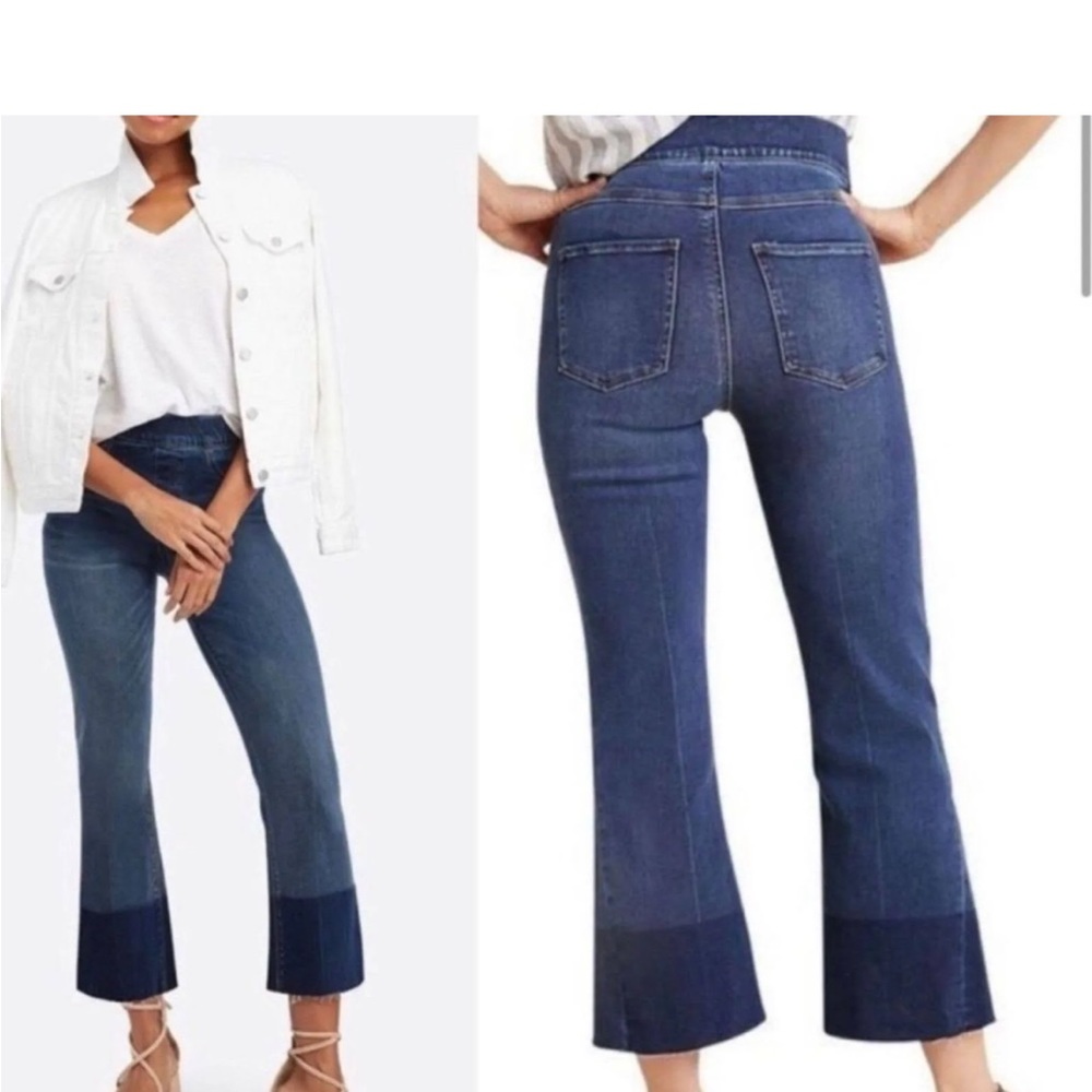 Spanx Cropped Flare Jeans Pull On High Rise High Waisted Raw Hem Denim sz s